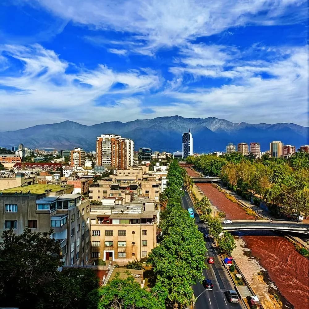 The Mapocho River, Parque Forestal and Santiago looking east in 2024