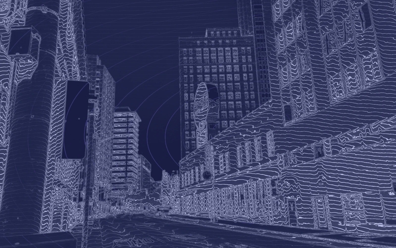 Graphic contour and mesh treatment of a 2019 photograph showing Marietta Street receding between downtown Atlanta buildings under a blue sky.