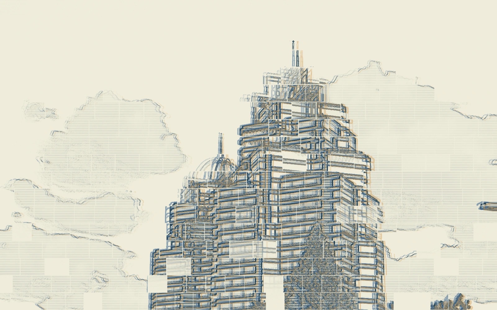 Editorial linework based on The Concourse towers in Sandy Springs, photographed in 2017.