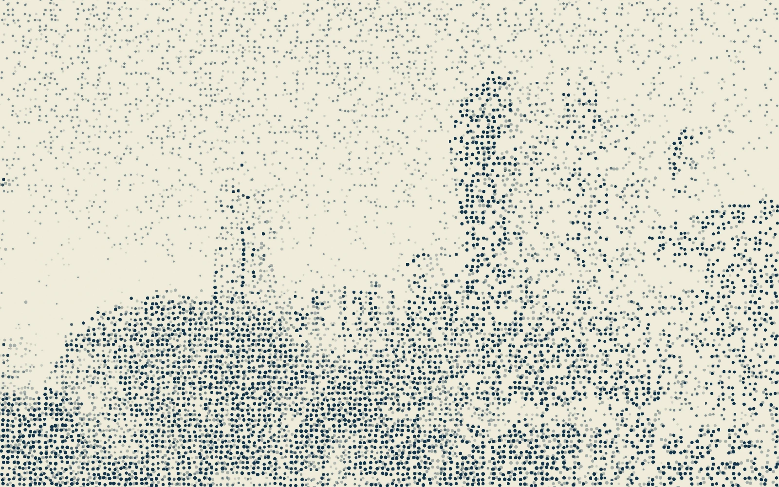 Graphic illustration based on a 2019 photograph of a pedestrian walkway and the Atlanta skyline seen from Pemberton Place, with people in the foreground and buildings against a blue sky.