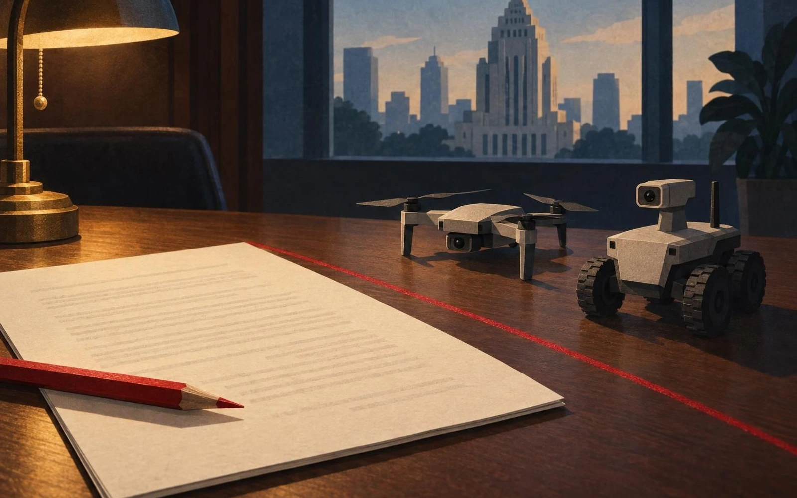 A small quadcopter drone and wheeled robot sit beyond a red line drawn across a legislative document on a meeting table, with the Atlanta skyline beyond the window.