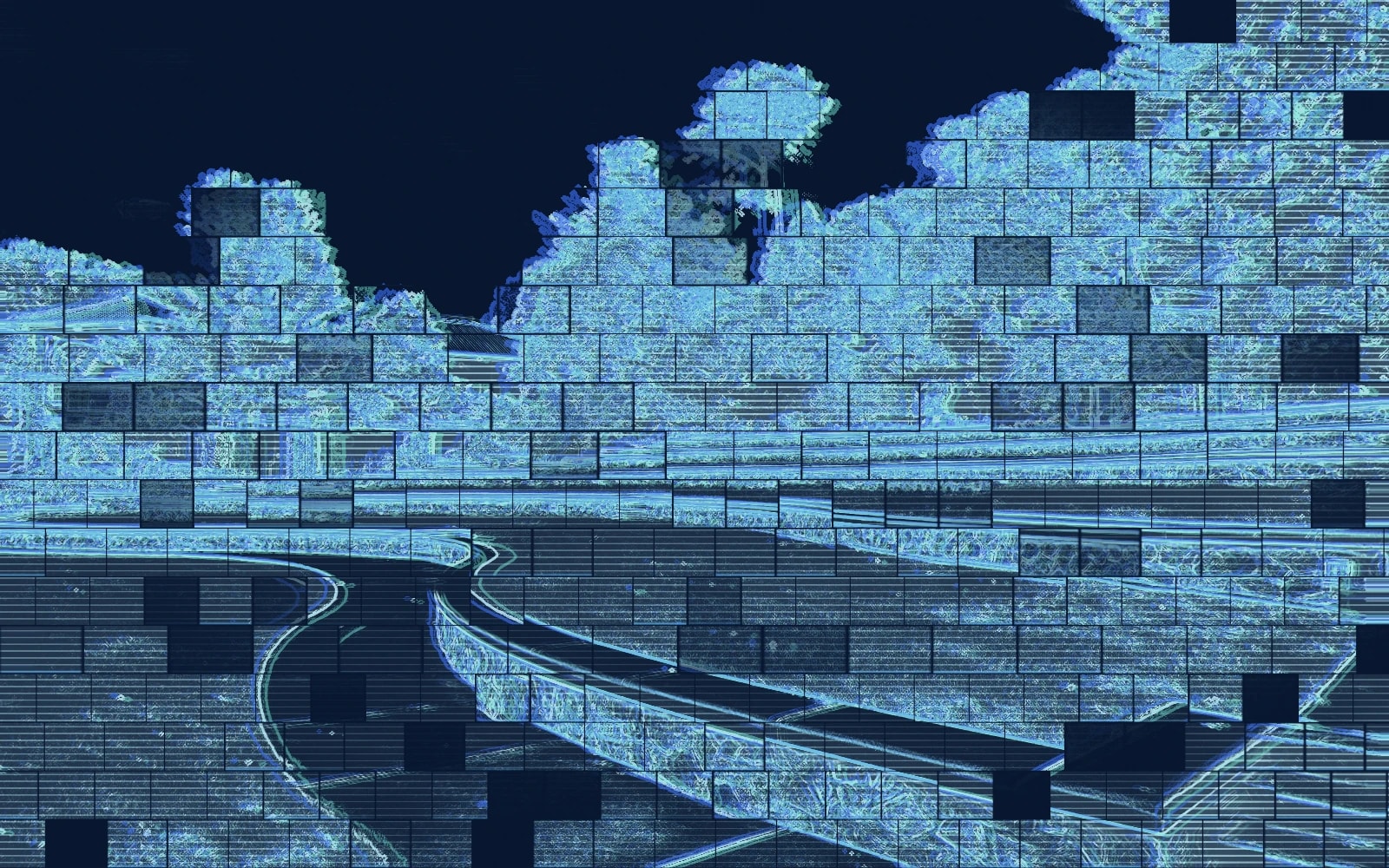Graphic illustration derived from a photograph of Heritage Sandy Springs entertainment lawn, with contour and mesh treatment outlining a curved concrete walkway, stone terraces, grass and trees beneath a cloudy sky.