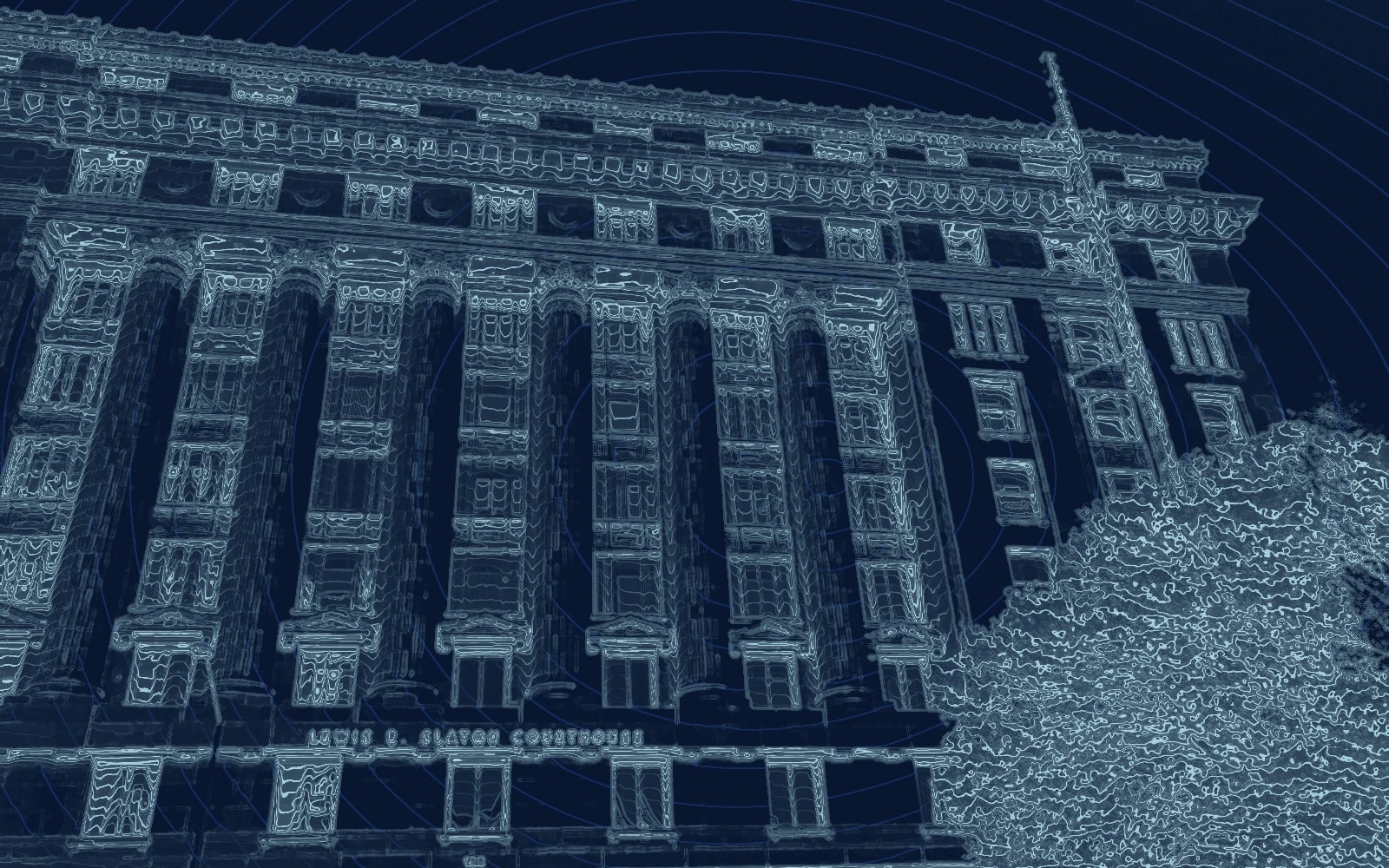 Editorial illustration derived from a courthouse photograph, with graphic treatment emphasizing tall stone columns, rows of blue windows and an ornate cornice; a leafy tree overlaps the right edge and scaffolding lines the bottom.