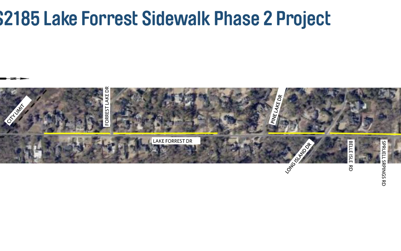 Aerial map titled “S2185 Lake Forrest Sidewalk Phase 2 Project” shows two yellow sidewalk segments along Lake Forrest Drive, with nearby streets labeled.