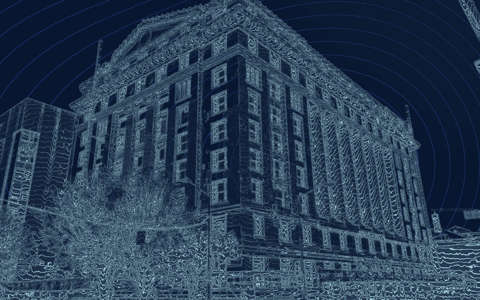 Editorial illustration derived from a photograph of Fulton County Courthouse, with graphic processing emphasizing its pale corner facade, rows of windows and tall columns against blue sky; trees partly cover the lower floors.
