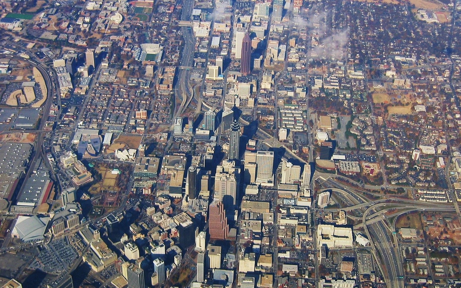Aerial view of downtown Atlanta’s high-rises, roads and surrounding neighborhoods.