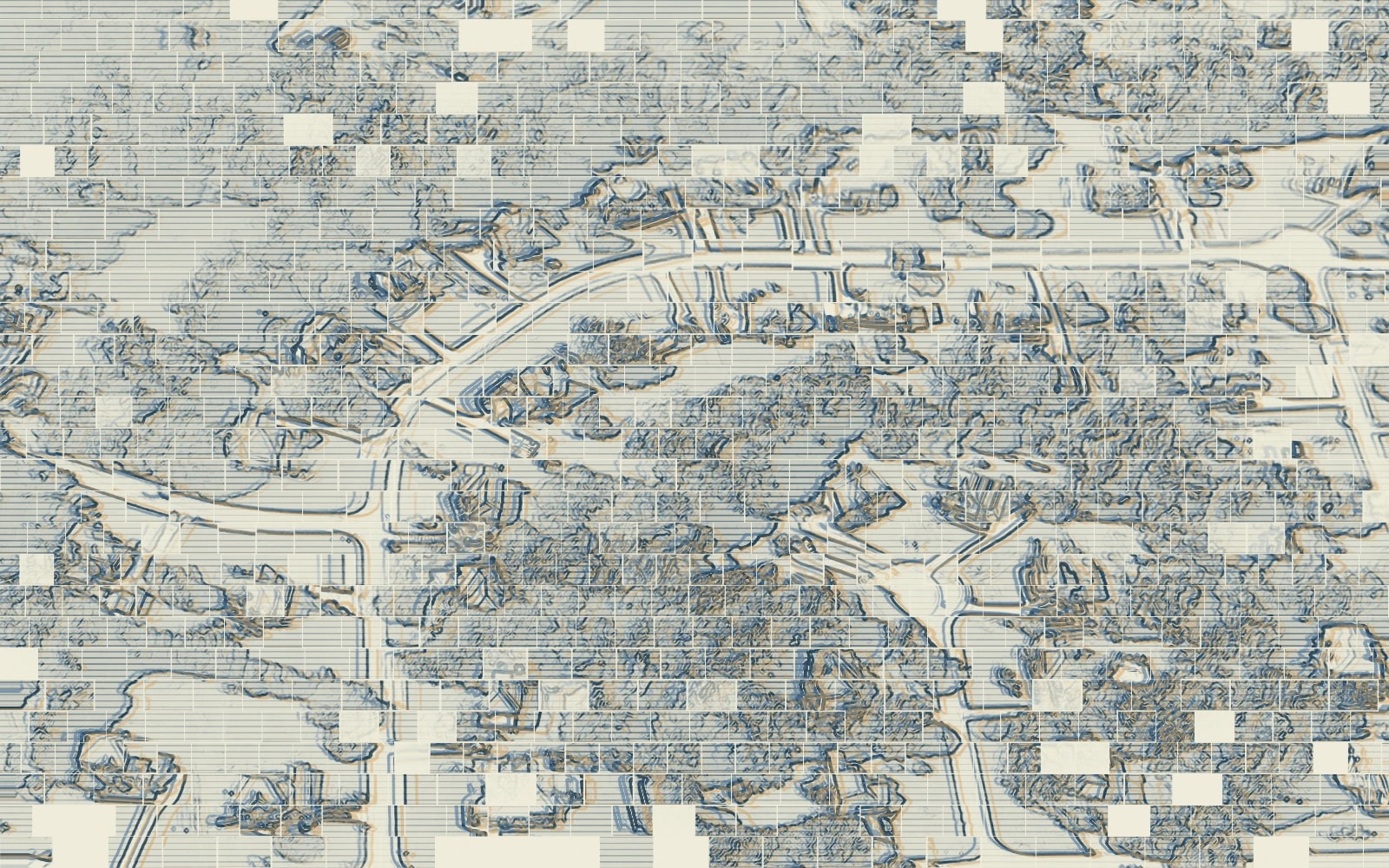 Editorial illustration derived from an aerial photograph of houses, curving streets and tree canopy, with graphic contour and mesh processing.