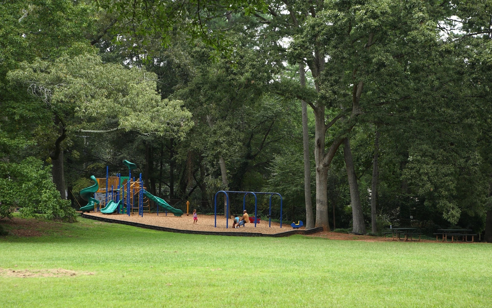 Playground equipment beneath mature trees in Adair Park, Atlanta.