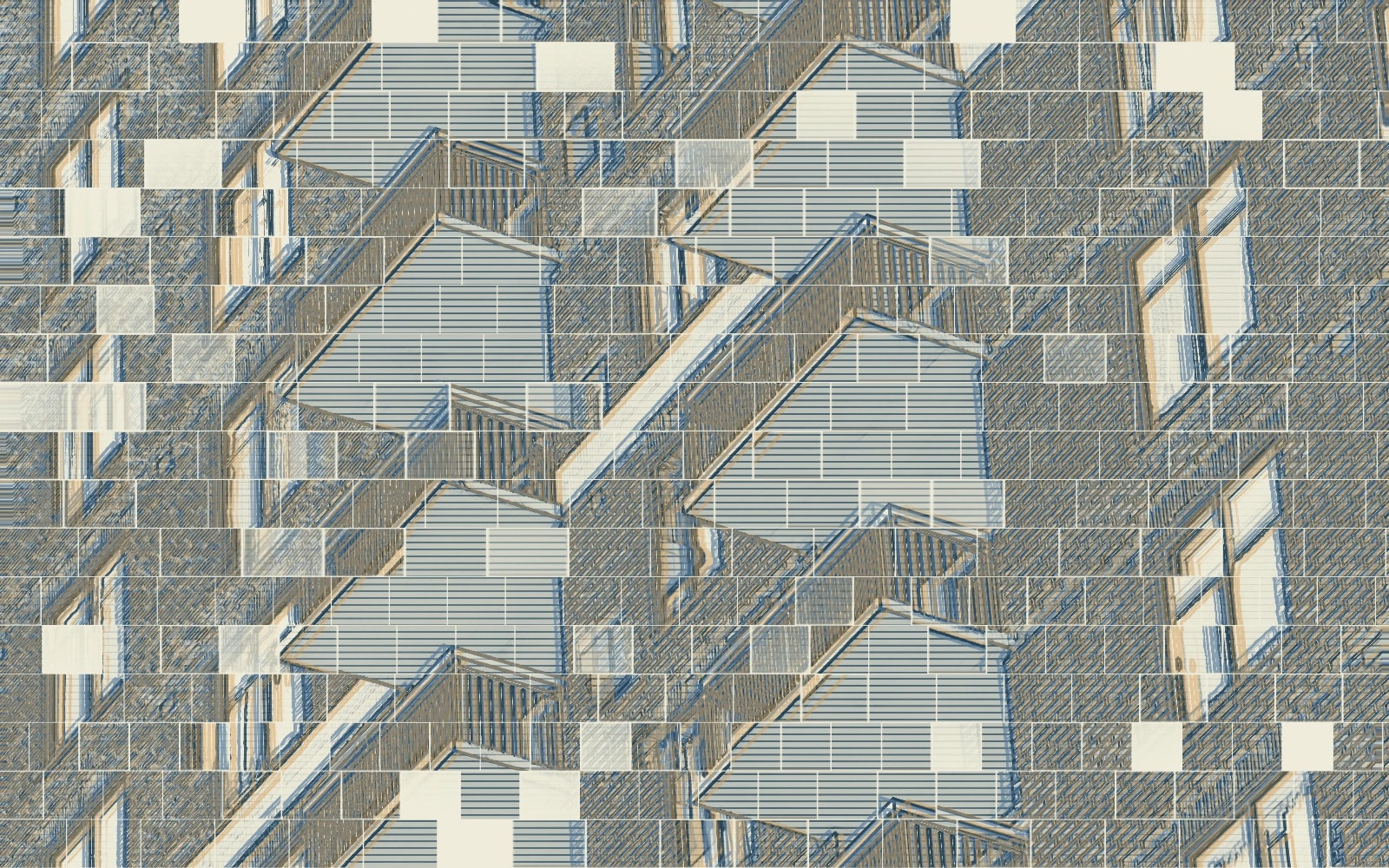Graphically processed photograph of an Atlanta brick facade, with repeating projecting balconies, deep shadows and blue windows in warm sunlight.