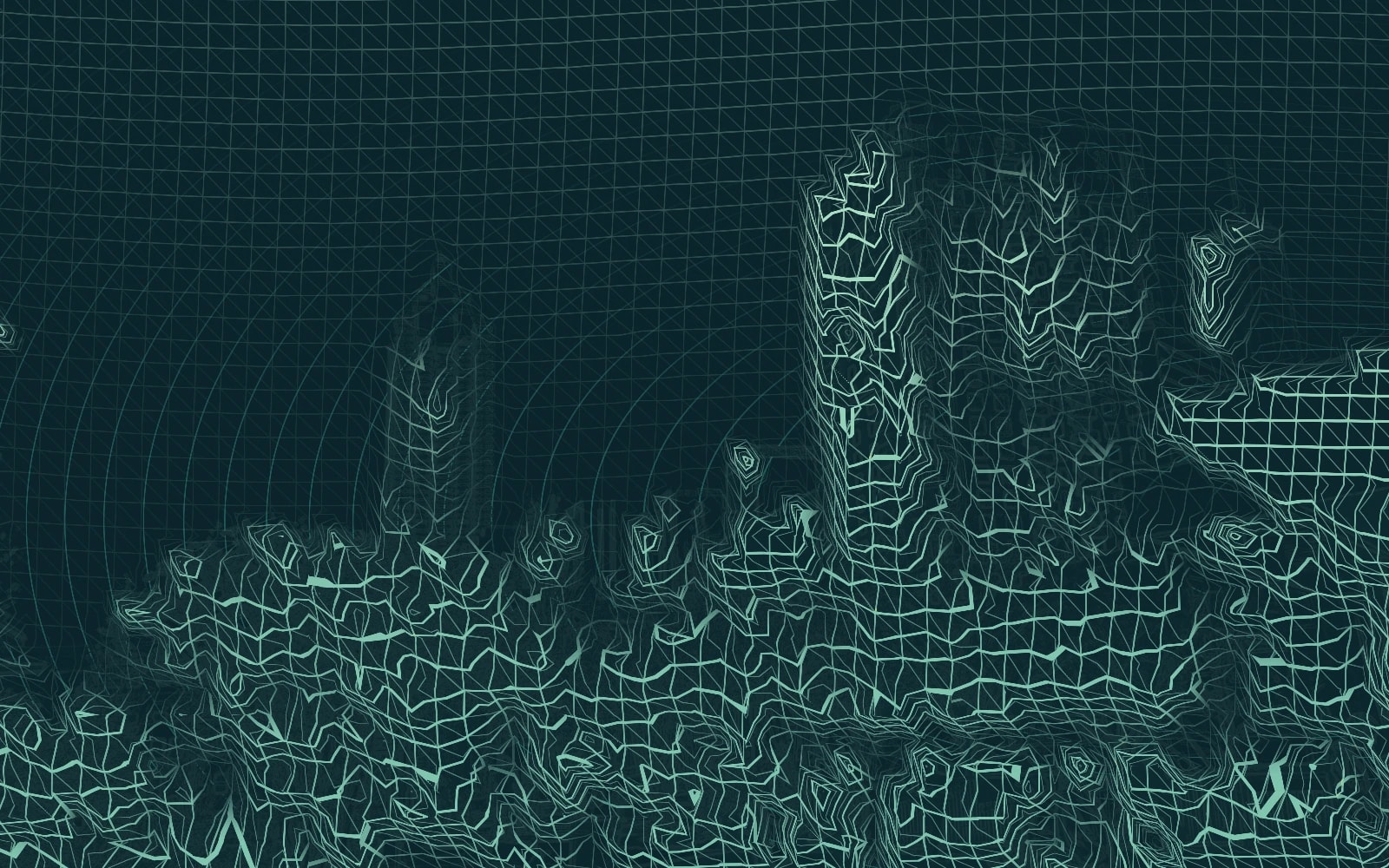 Editorial illustration derived from a photograph of Atlanta’s skyline from Pemberton Place, with graphic contour and mesh treatment across downtown towers, trees and a pedestrian walkway.